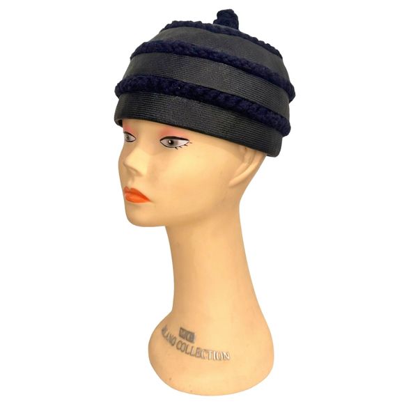 Vintage CHRISTIAN DIOR Navy Blue Raffia and Wood Trim Cloche Hat, Size S main image 5
